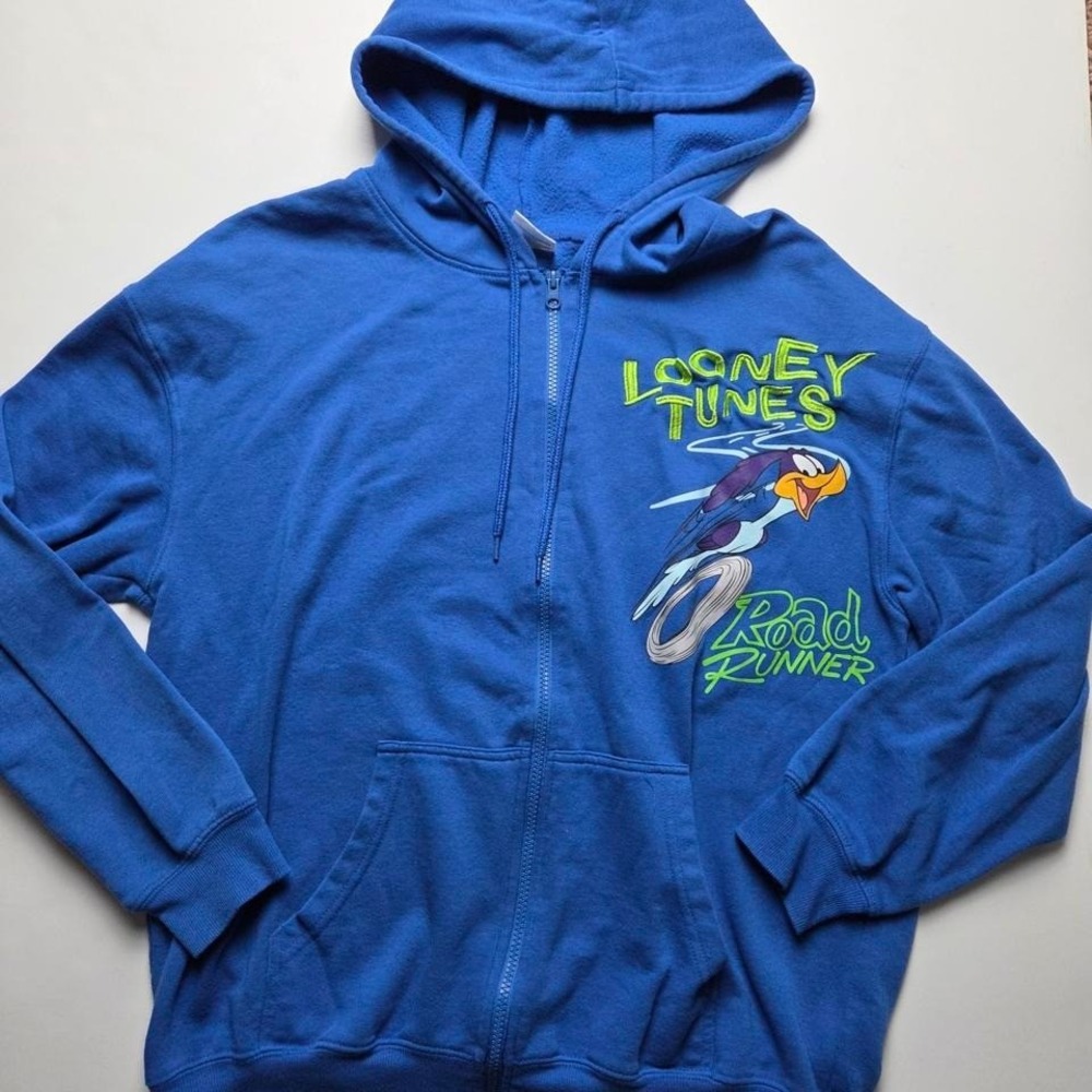 Looney Tunes Road Runner Coyote Zip Up blue hoodie‎ Size Large